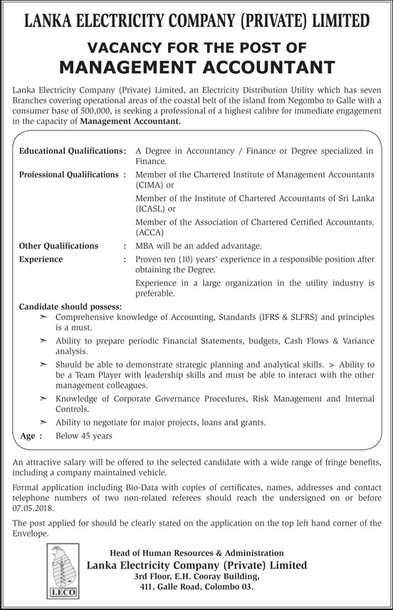 Management Accountant - Lanka Electricity Company (Private) Ltd